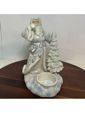 Vintage Ceramic Santa Votive Holder White & Silver Snowflake Christmas Figurine